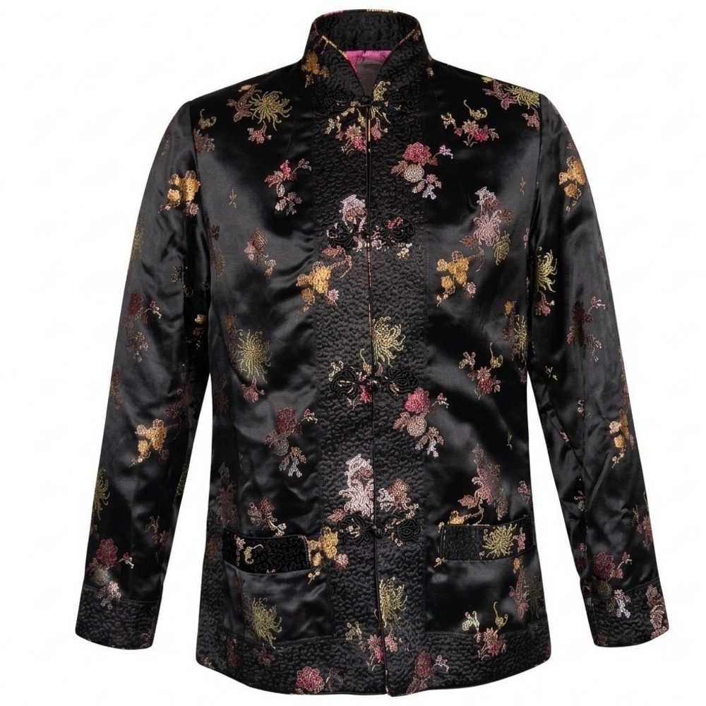Vintage 80s Womens Reversible Chinese  Fuchsia Black Floral Satin‎ Kimono Blazer